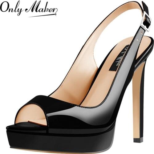 Onlymaker 2021 Womens Sexy Peep Toe Platform Sandals 12cm High Heels Black Yellow Red Slingback Shinning Patent Big Size 5-15