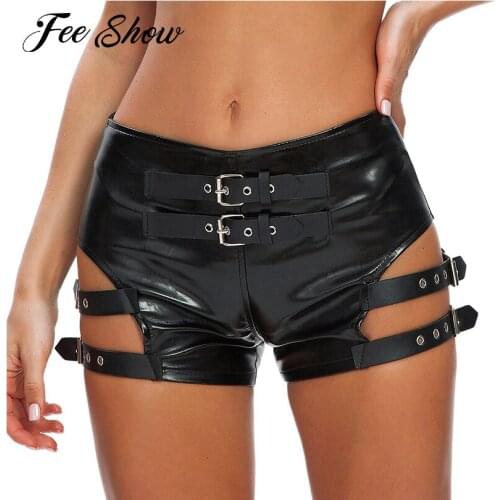 Women Fashion Leather Strappy Booty Shorts Mid Waist Sissy Panties Sexy Ladies Party Nightclubs Performance Hot Pants Clubwear