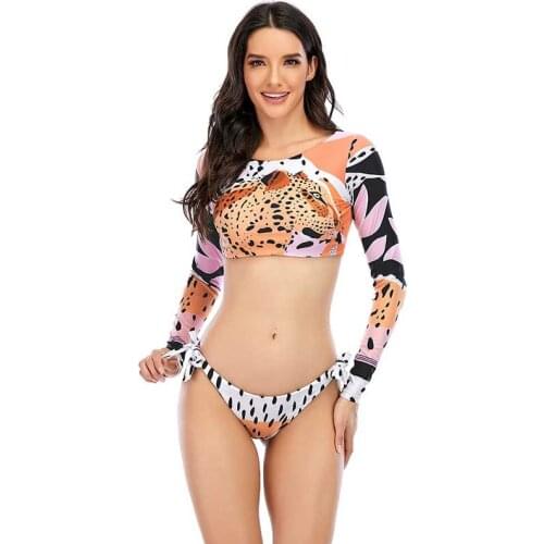 Surfing Swimsuit For Women 2021 Bikini Long Sleeve Swimwear Tiger Print Push Up Summer Bath Suit Two Piece Bandeau Biquini