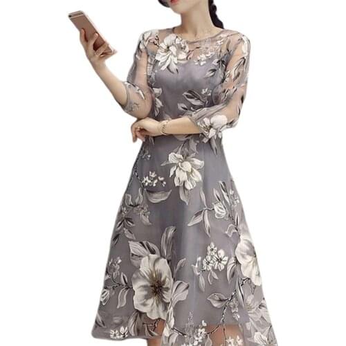 Women Dress Summer O Neck 3/4 Mesh Sleeve Floral Print Large Swing Double Layer Midi Dress Womens Clothing женское платье 2021