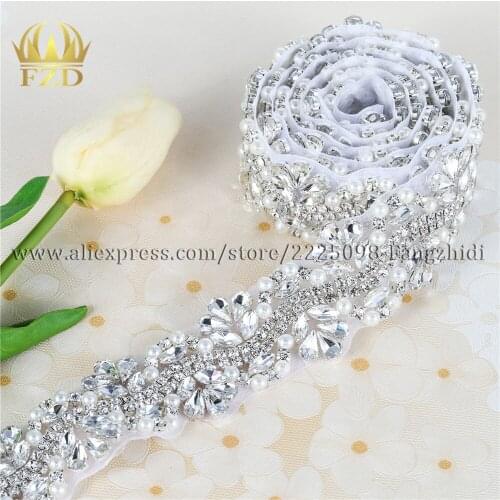 10yards) Wholesale 1 Yard Sewing On Hot Fix Sliver Beaded Crystal Rhinestone Applique and Trimming Bridal Dresses or Sash