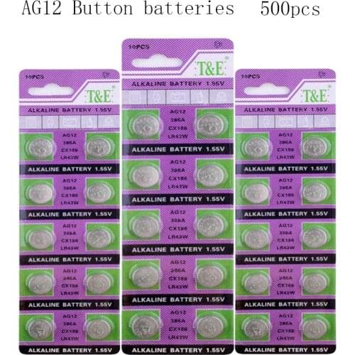 AG12 500pcs=50Card 100mAh 1.55V Alkaline Battery LR43 SR43 260 386 For Watch Coin Cell Batteries
