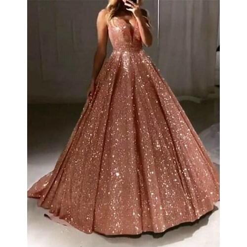 CloverBridal Champagne Sparkle Evening Dresses Free Customized V Neck Sleeveless Wedding Party Dress vestidos de fiesta WE9592