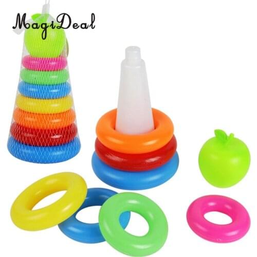Kids Babys Bath Tub Floating Toy Set - 7 Colorful Stacking & Nesting Rings with a Cute Green Apple, Birthday Gift