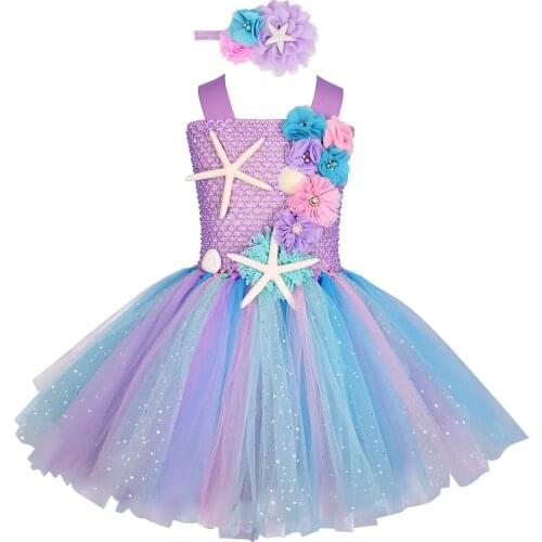 Girls Mermaid Tutu Dress with Hairband Princess Birthday Party Dresses Starfish Halloween Cosplay Kids Photography Clothes