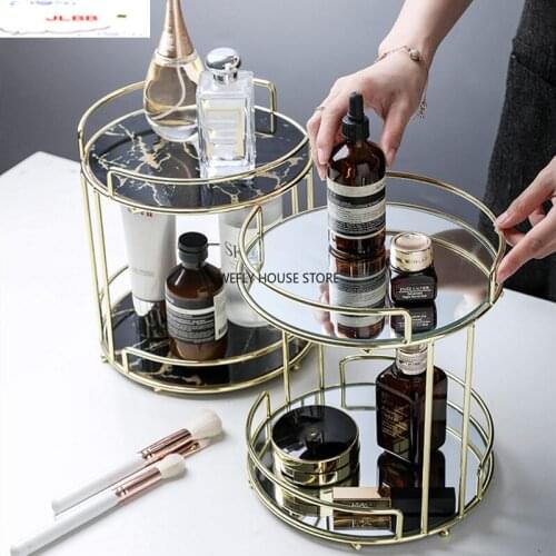 Nordic Style Double Storage Rack Glass Plate Metal Shelf Home Use Cosmetic Organizer Dressing Table Desktop Rotatable Rack