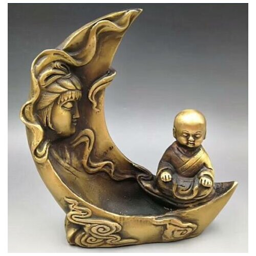 Chinese Hand Carved Old Brass Guan Yin Kwan-yin Bodhisattva Fairchild Little Monk Backflow Incense Burner Furnace Statue