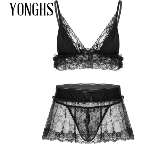 3Pcs Mens Lingerie Sissy for Crossdressing Erotic Lace Lingerie Set Deep V Neck Hot Bra Top with Mini Skirt and G-string Briefs