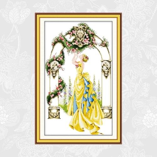 Beautiful lady smells rose in gate courtyard Printed Canvas Cross Stitch 11CT 14CT Cross-stitch Kit DIY Embroidery Needlework