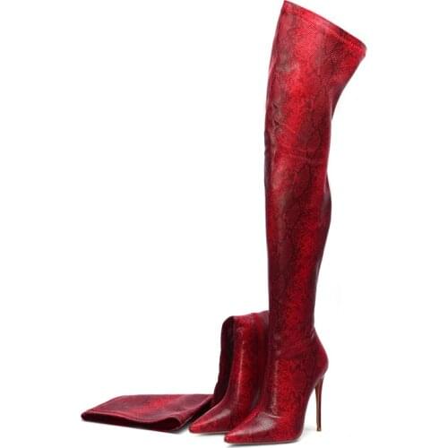 Red Overknee Stiletto Snake Skin Leather Women Thigh High Crotch Pants Boots Pointed Toe Sexy Ladies High Heel Runway Shoe Woman