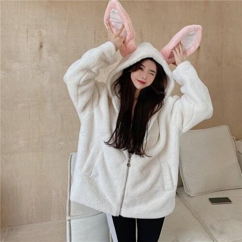 Kawaii Sweet Thicken Coat Japanese-Style Solid Oversized Jackets Female Rabbit Ears Hooded Winter Women Clothes 2020