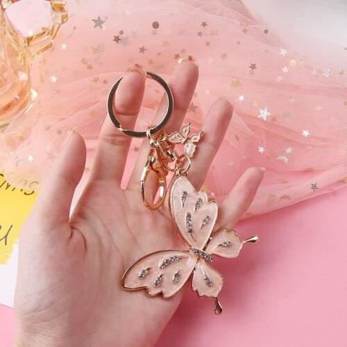Trendy Beautiful Double Butterfly Keychain Rhinestone Jungle Animal Jewelry Women Girl Bag Decor Trinket Car Keyring Lover Gift