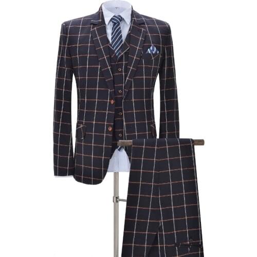Men Suits Business 3 Pieces Slim Fit Suits Groom Navy Noble Plaid Wool Tuxedos for Formal Wedding suits(Blazer+Pants+Vest)