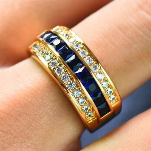 Male Female Blue Crystal Ring 18KT Yellow Gold Color Wedding Ring Promise Bride Geometry Engagement Rings For Women Men