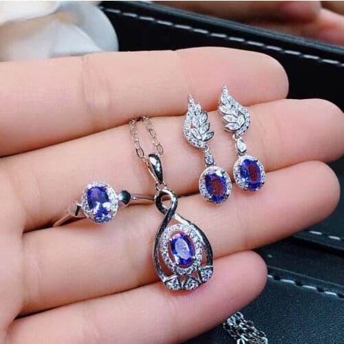 New Design Real Natural Tanzanite jewelry set Natural Real Tanzanite 925 sterling silver 1pc pendant,1pc ring,2pcs Earring