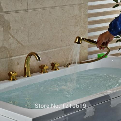 Newly 5Pcs Bathtub Faucet Basin Faucet Golden Polished Shower Tub Faucet Mixer Tap w/ Hand Sprayer