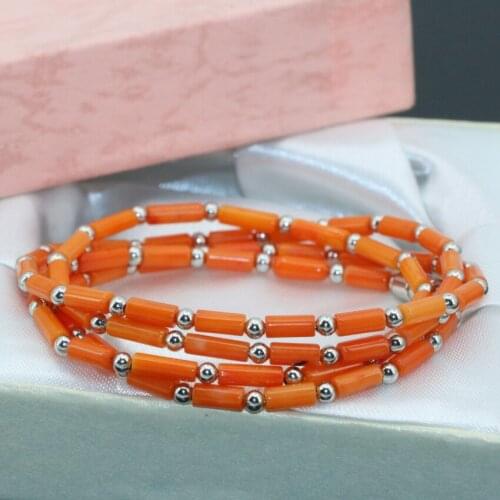 Wholesale price 4 row natural orange coral tube beads 3*7mm elegant long chain multilayer bracelets magnetic clasp jewelry B2792