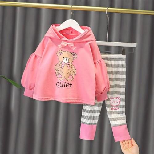 Autumn Baby Girls Clothing Sets Children Clothes Outfit Cartoon Bear Kids Hooded Sweater Stripe Pants Infant Casual Sportswear