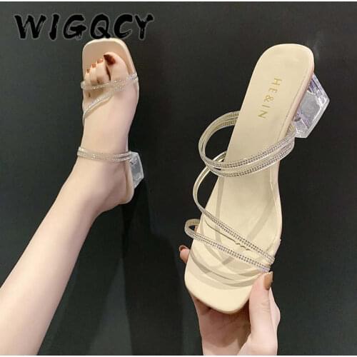 Transparent High Heels Women Slippers Summer Shoes Celebrity Wearing Simple Style PVC Clear Strappy Bling Square Heels Woman