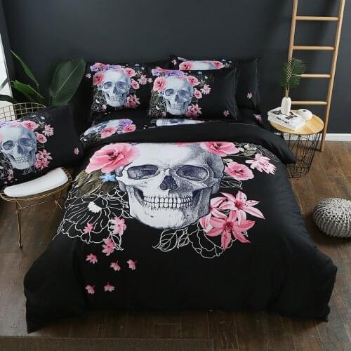 Pink Flowers Skull Digital print Black Bedding Set Quilt Cover Designer Wolf Tiger Bohemian High Quality Luxury Bedclothes 3pcs