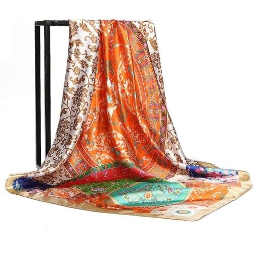 Nation Retro Womens Silk Scarf Colorful 90*90cm Big Square Scarf Female Sex Versatile Shawl Flower Printing Soft Head Scarves