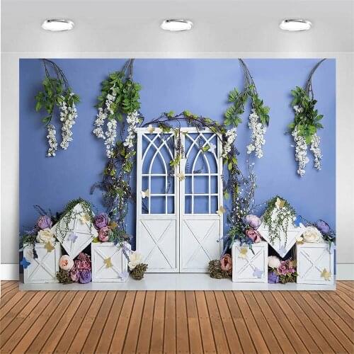 Spring Photography Backdrop Blue Wall Green Leaves Flower Photo Background Birthday Background White Door Photo Studio Photocall
