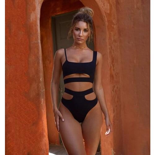 Europe 2020 spring fashion sexy sports casual womens new fashion solid color hollow Tie Bikini high waist sexy split swimsuit