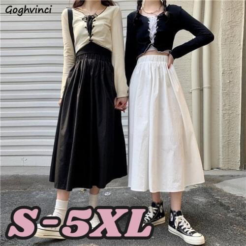 Skirt Women Mid-calf High Waist Casual Simple Design Streetwear Korean Solid Chic Elastic Plus Size S-5XL School Girls Harajuku