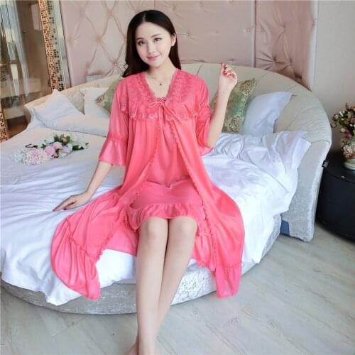 Deep V Neck Women Satin Nightgown Lace Sleepwear Half Sleeve Ladies Silk Nightwear Sleep Wear Night Gown Dress + Outwear