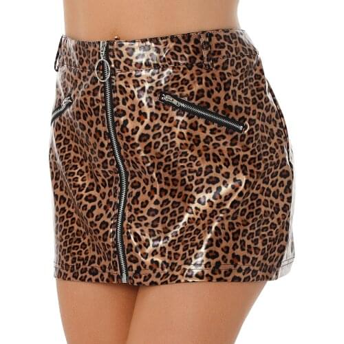 Women Ladies Leather Sex Mini Skirts Wetlook Stretchy Fake Zipper Pockets Lingerie Bodycon Mini Skirt Party Nightwear Clubwear