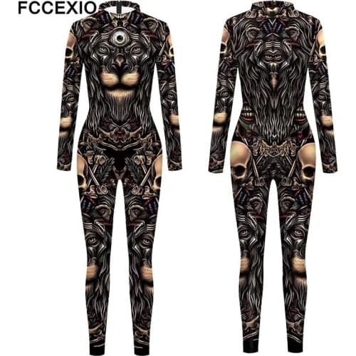 FCCEXIO Gothic Style Skull New Pattern 3D Print Sexy Bodysuits Women Plus Size Long Sleeve Cosplay New Jumpsuit Party