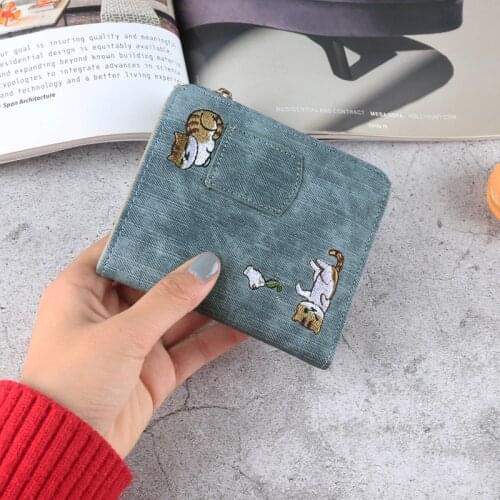 Embroidery Cat Women Short Wallet Zipper Coin Purse Short Womens Wallet Kawaii Mini Cards Holder Clutch for Girl Carteras Mujer