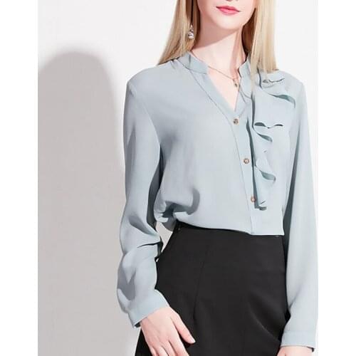Fall spring fashion office ladies womens blue navy ruffles long sleeve cardigan chiffon blouse , slim loose blouses for women