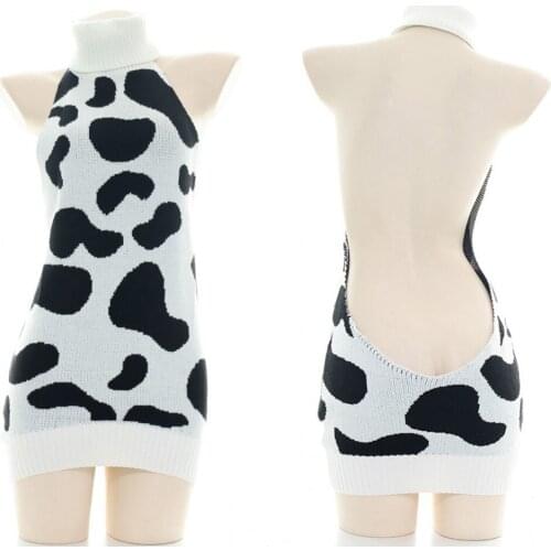 Sexy Lolita Cow Pattern Backless Knitted High Collar Sweater Virgin Killer Women Black White Sleeveless Jumpsuits Underwear Set