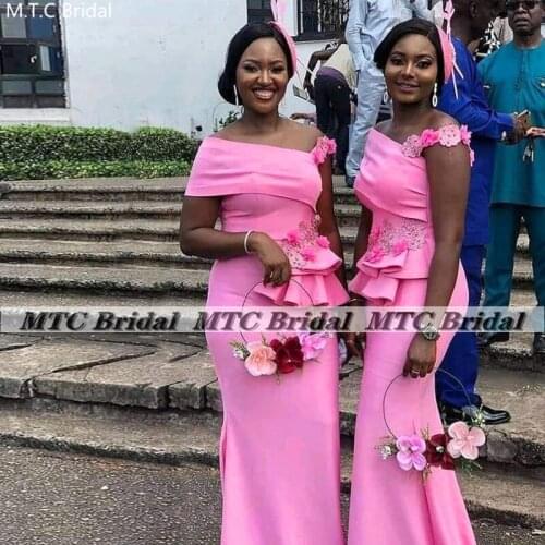 Pink Off The Shoulder Mermaid 2021 New Bridesmaid Dresses With Flowers Ruffles Satin Long Maids Of Honor Party Gowns Plus Size