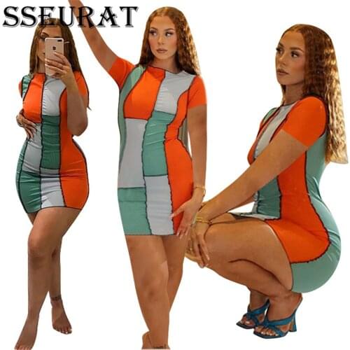 SSEURAT Women Dress Print Patchwork Short Sleeve O-neck Mini Dresses Casual Fashion Vestidos Summer Outfits 2021