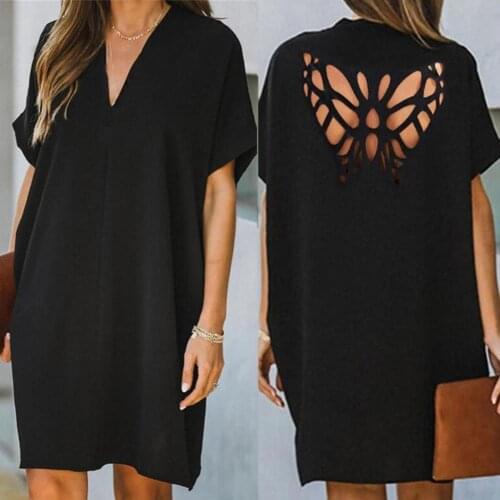 Women Dress Solid Color Short Sleeve Back Hollow Out Butterfly Loose Knee-length Dress Streetwear for Party