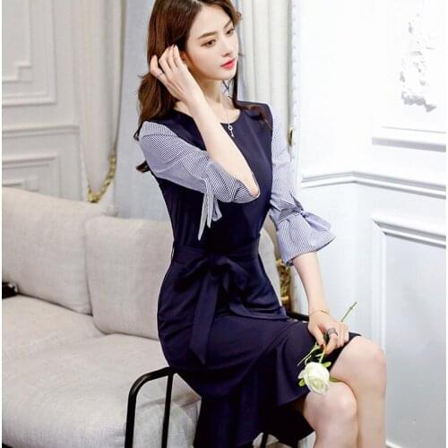 Sliming Summer Dress Women Navy Elegent Patchwork Striped Half Sleeve O Neck Bow Sashes Bodycon Dresses Ukraine Party Clothes