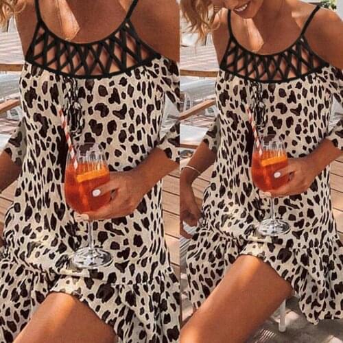 New Leopard Off Shoulder Dress Women Elegant V Neck Summer Dress Female Above Knee Dress Office Lady Dresses