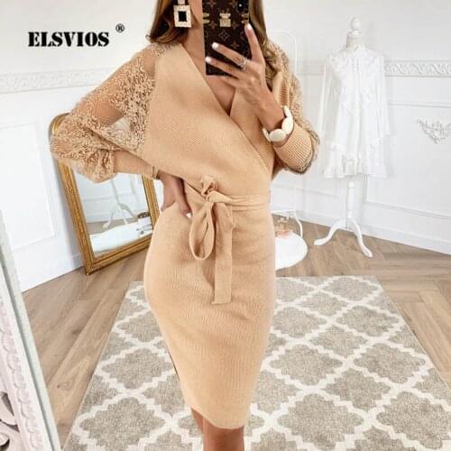 ELSVIOS Women Lace patchwork Knitted Sweater Dress Autumn Winter Long Batwing Sleeve V Neck Elegant Dress Ladies Bandage Dress