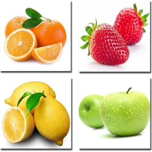 4pcs/Set Stretched and Framed Orange, Apple, Lemon, Strawberry Fruits Design Wall Artwork Paintings Drop shipping