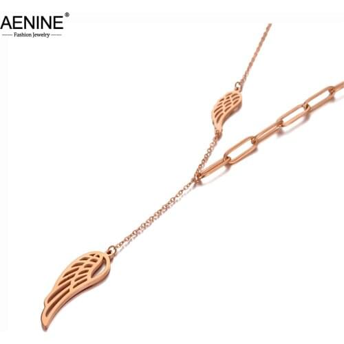 AENINE Goth Titanium Stainless Steel Angel Wings Charm Pendant Necklaces Trendy Rose Gold Choker Necklace For Women AN20114