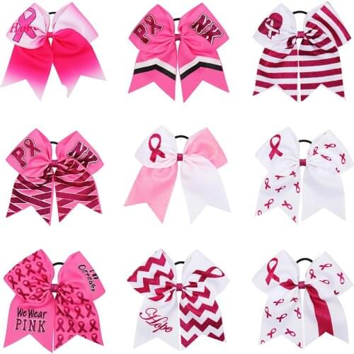 7''Large Cheer Bows Breast Cancer Awareness Glitter Hair Bows With Elastic Band For Girls Ponytail Holder Girls Hair Accessories