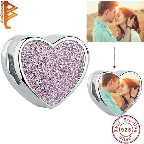 BELAWANG Forever Love Custom Photo DIY Bead 925 Sterling Silver with Purple Pink CZ Heart Charm fit Original Bracelet Wholesale