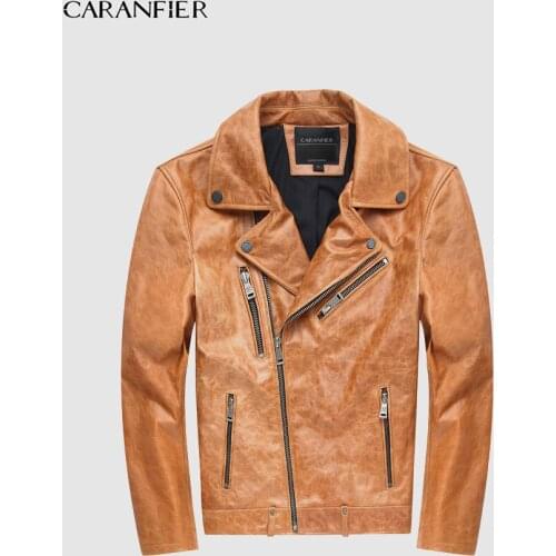 CARANFIER Hot Fashion Cowhide Leather Mens Jackets Chic Slim Fit Zipper Motor&biker Jackets Coat Spring Autumn Leather Coats