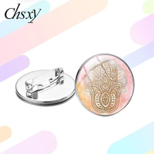 CHSXY Turkish Hand of Fatima Brooch Hamsa Hand Art Painted Picture Glass Cabochon Lapel Pins Badges Festival Gift Lucky Talisman