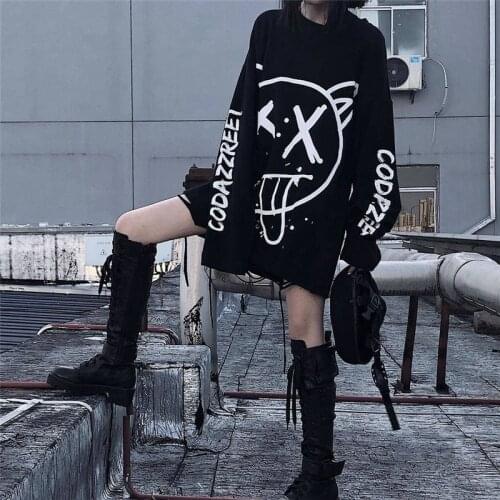 Harajuku Tshirts Fashion Oversized Long Sleeve T Shirt Hip Hop Punk Streetwear Girl Tees Black Loose T Shirt Funny Girls