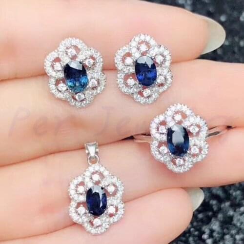 Natural sapphire jewelry set Free shipping 925 sterling silver 1pc ring,1pair stud earring,1pc pendant 0.6ct*4pcs gemstone #XY02