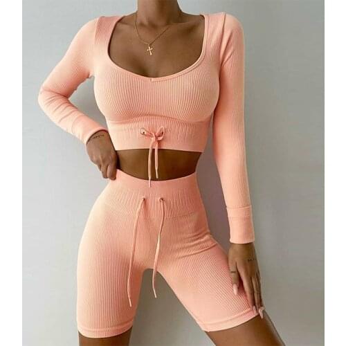 Seamless female yoga set two-piece top crop long sleeve shorts sportsuit workout outfit fitness female sport suit gym wear