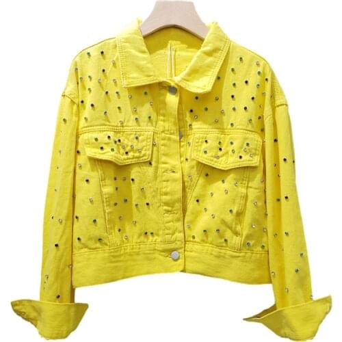 Fashion White Yellow Denim Jacket Coat Women Diamonds Outerwear Streetwear Spring Autumn Korean Loose Short Jeans Jackets Female